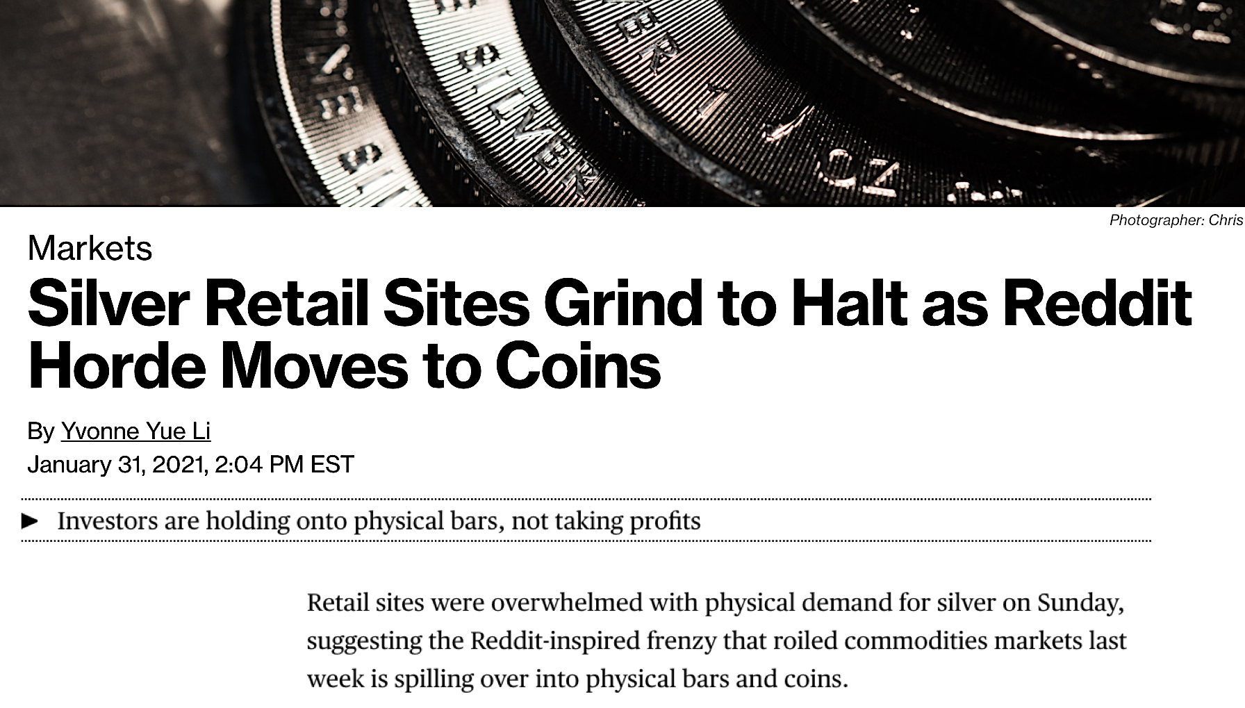 Silver Short Squeeze Bloomberg article SD Bullion