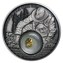 2016 Niue California Gold Rush Silver Coin - Antique Finish - 24k Gold Nugget