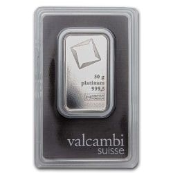 Valcambi Platinum Bar In Assay Card 50 Gram