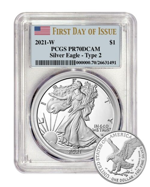 2021\u0020PCGS\u0020PR\u002D70\u0020First\u0020Day\u0020Of\u0020Issue\u0020Type\u00202\u0020American\u0020Silver\u0020Eagle\u0020Proof