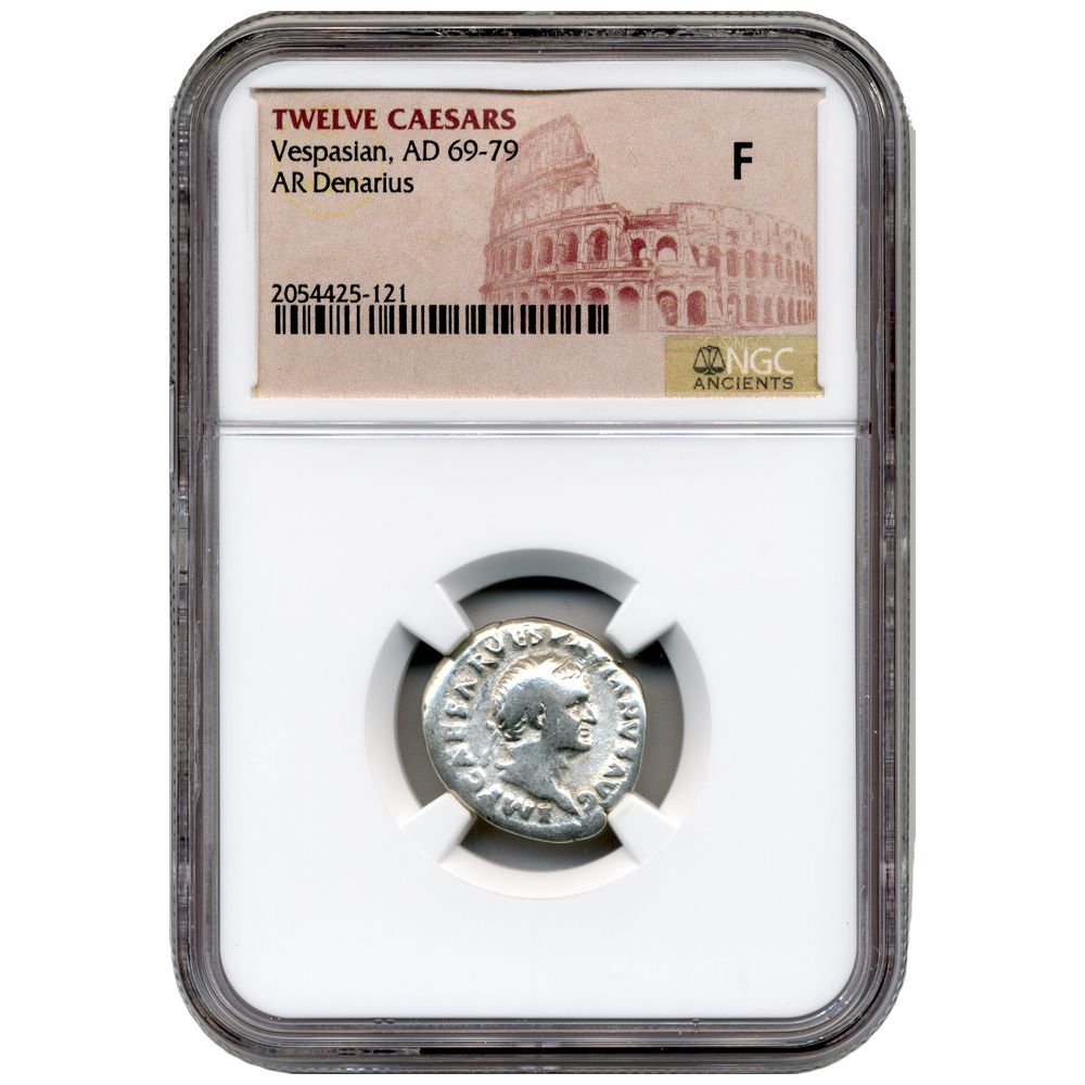 Twelve\u0020Caesars\u0020Vespasian\u0020AR\u0020Denarius\u0020AD\u002069\u002D79\u0020\u002D\u0020NGC\u0020Fine