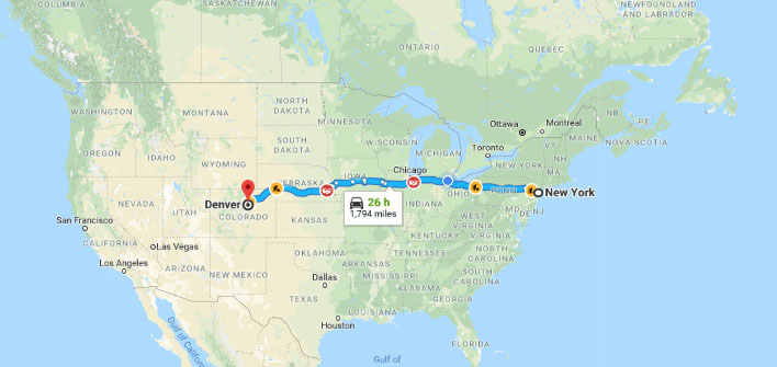 Map of New York City to Denver in Miles