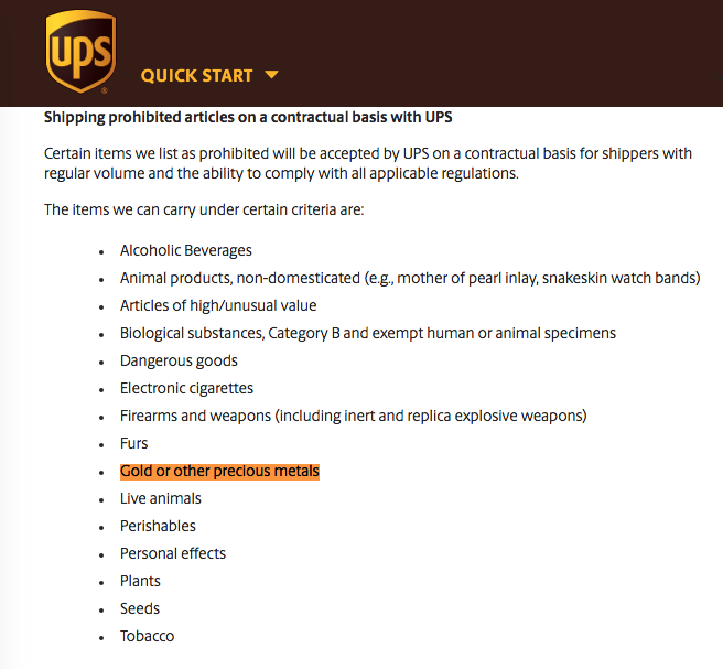 does UPS ship gold UPS gold shipping policy SD Bullion SDBullion.com